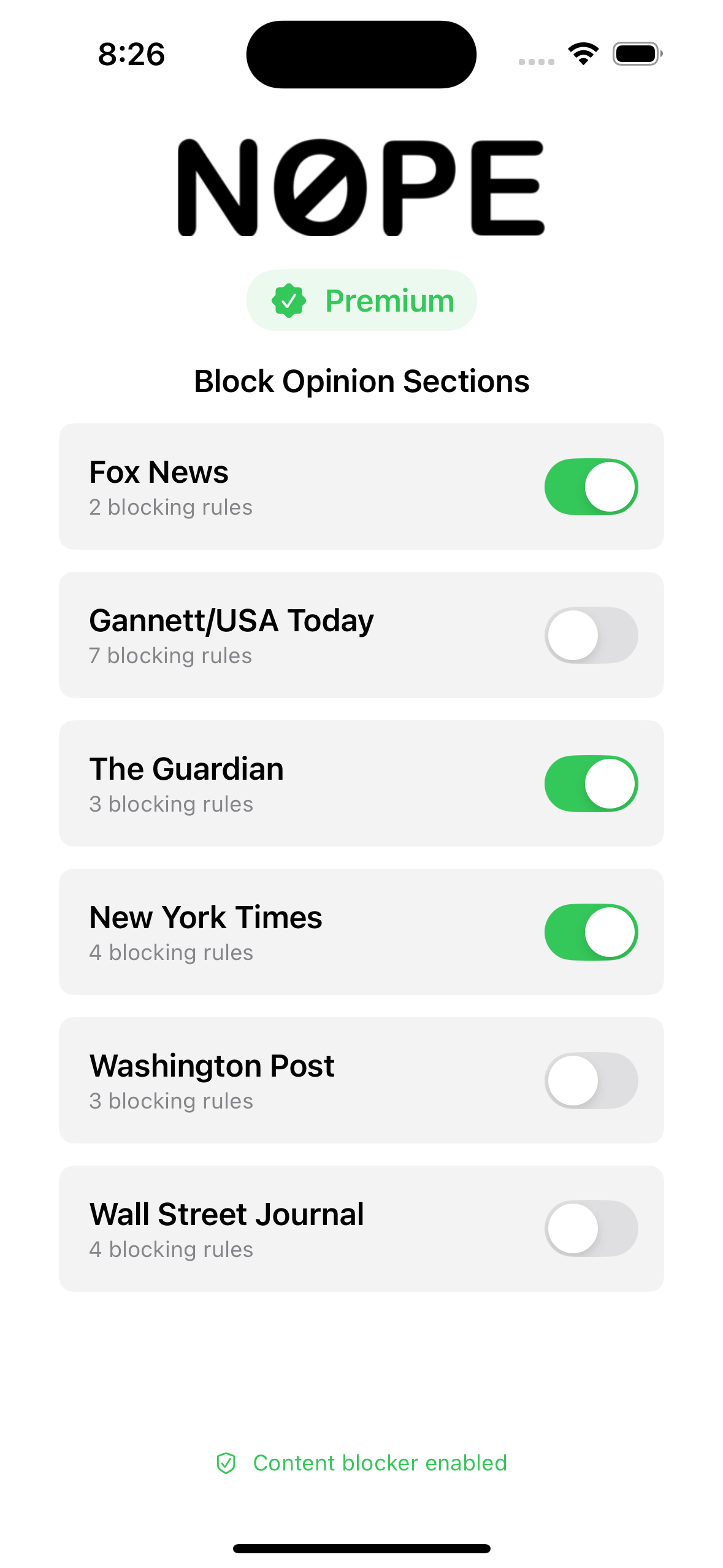 Nopinion app screenshot showing blocked opinion sections